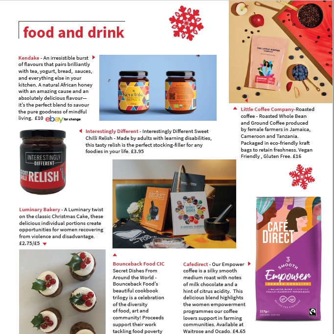 a page from the gift guide showing social enterprise food and drinks products including coffee bags, pots of honey and christmas cake