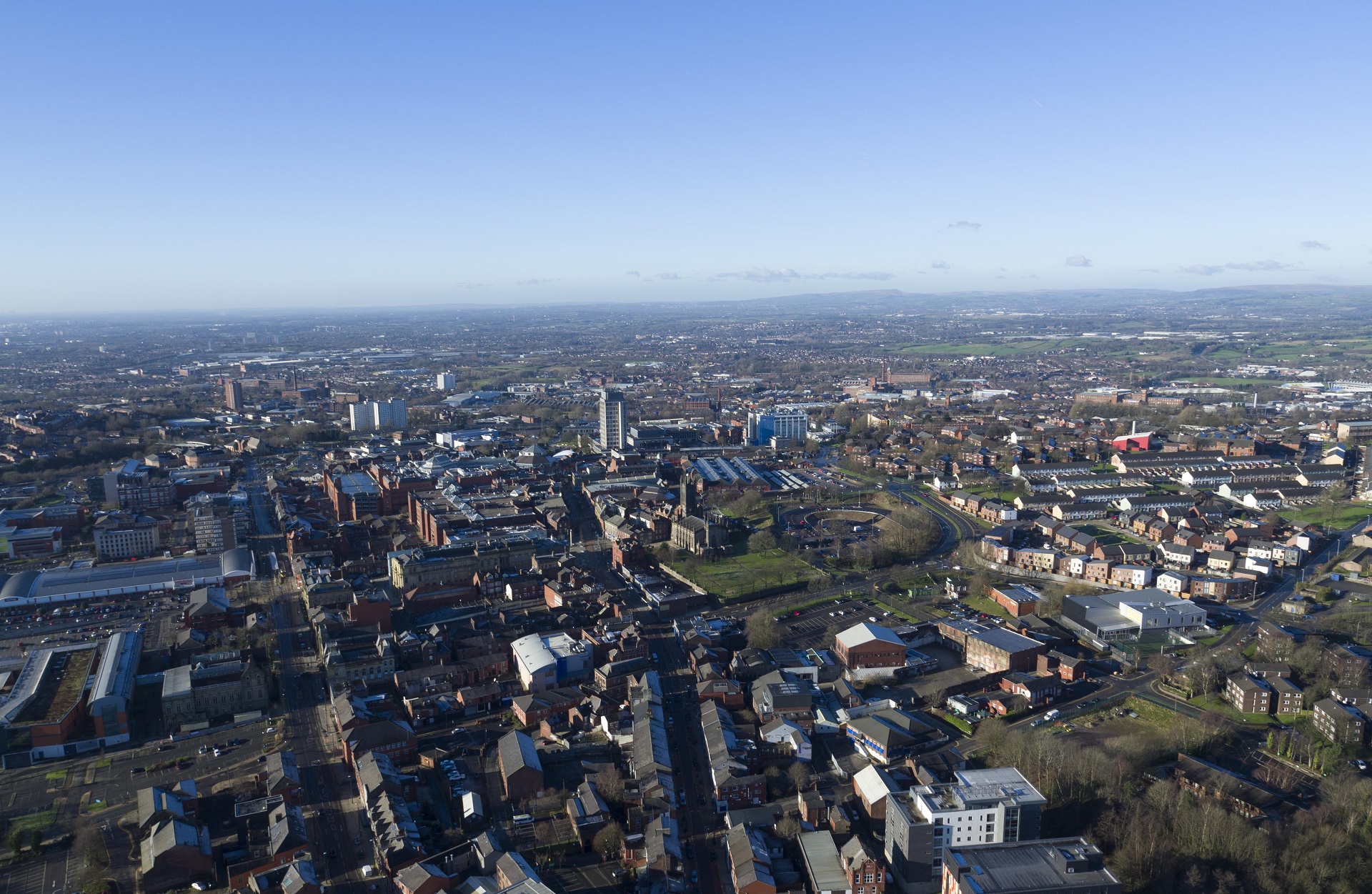 An aerial view of Oldham on a clear day