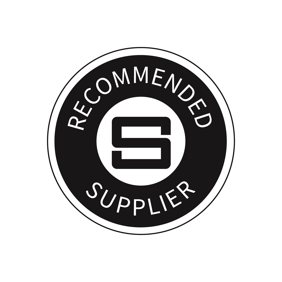 our recommended supplier badge. A black roundal with the letter s in the middle with the words recommended supplier around the outside