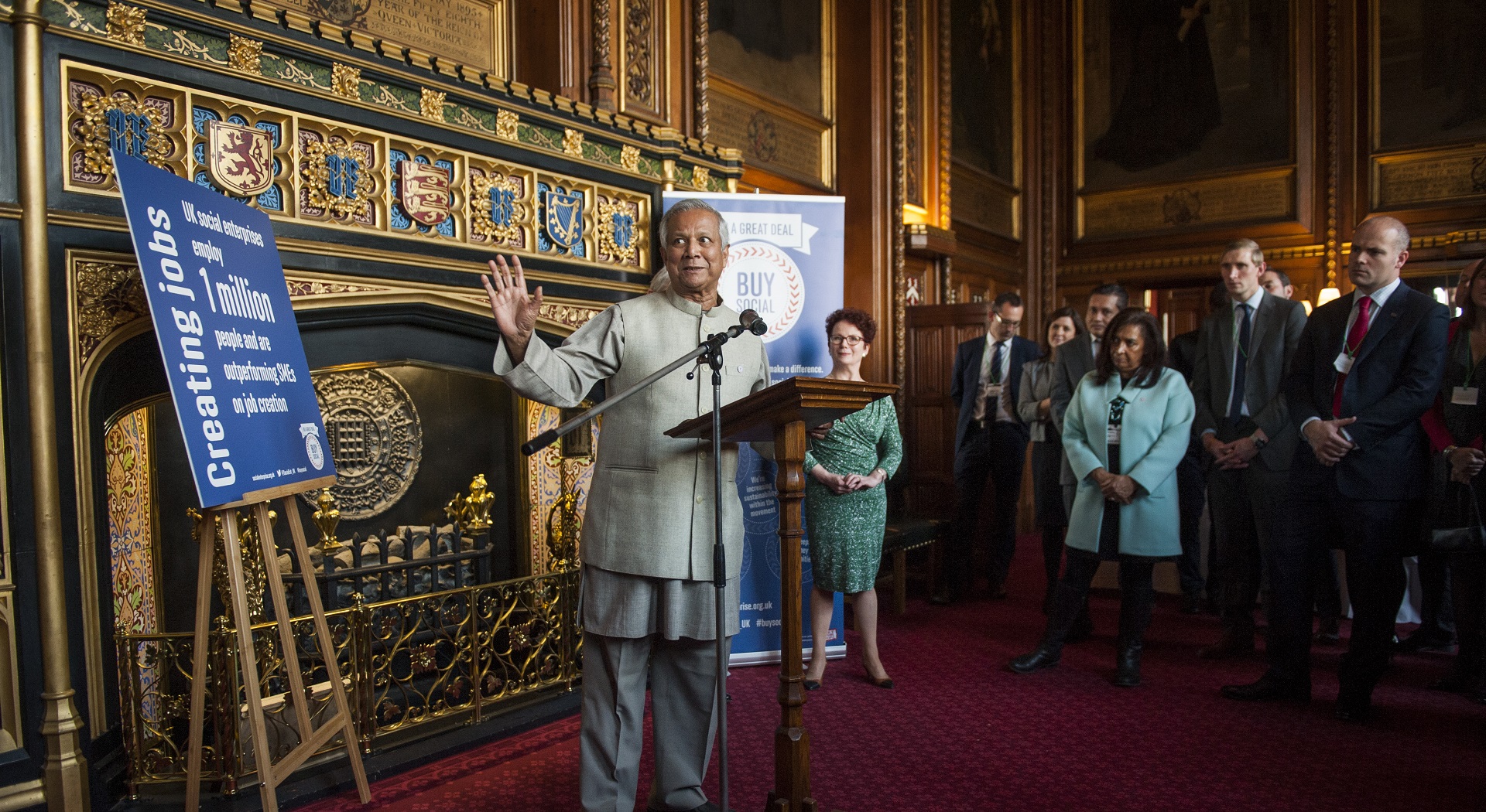 Professor Muhammad Yunus speaking at a Social Enterprise UK event in Parliament