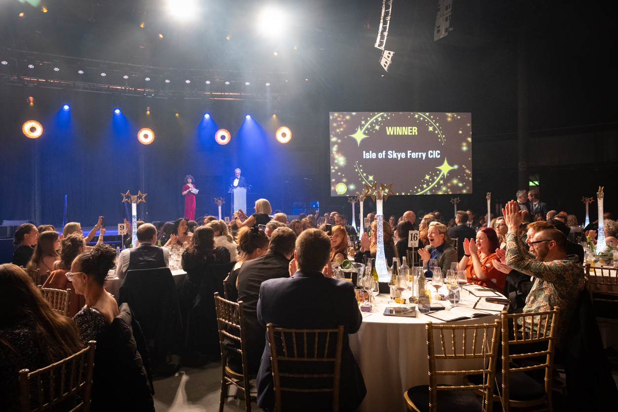 the crowd at the Roundhouse celebrating Isle of Skye Ferry winning the UK Social Enterprise of the Year Award