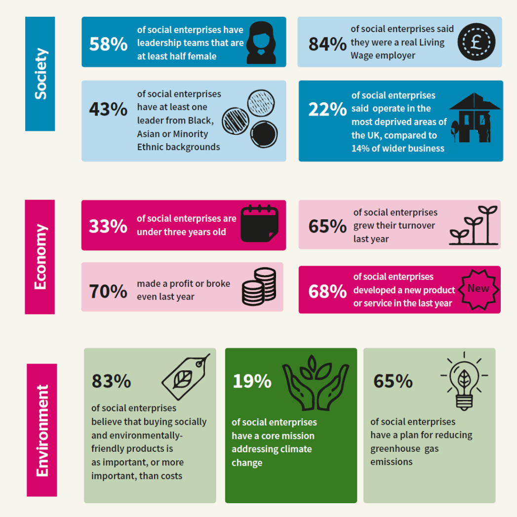 Infographic combining key stats from our state of social enterprise report