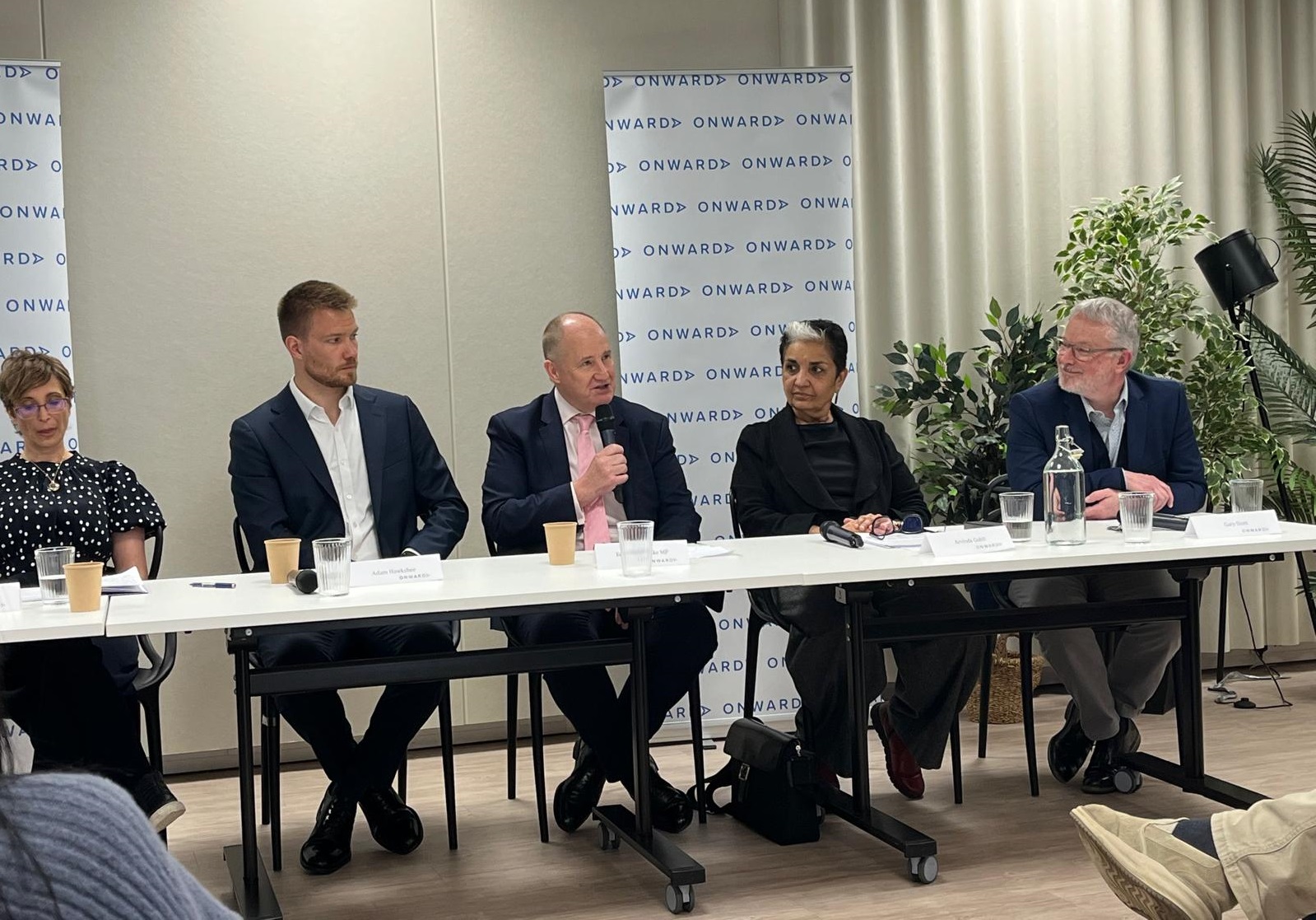 the event panel, from left to right Poppy Simister-Thomas, Victoria Papworth, Adam Hawksbee, Kevin Hollinrake MP, Arvinda Gohil and Gary Stott