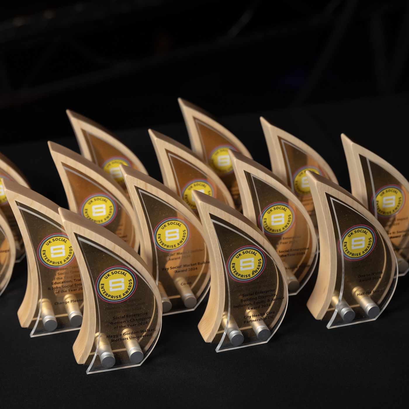 Some of the trophies from the 2024 awards which were golden and shaped like a curved sail