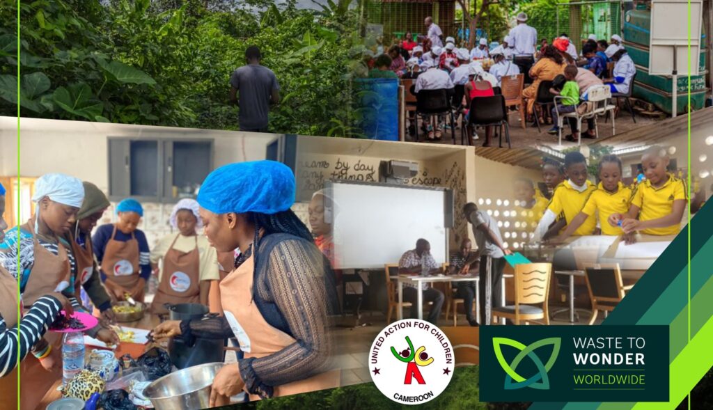 a photo divided into four segments each one showing Waste to Wonders work in schools in Cameroon