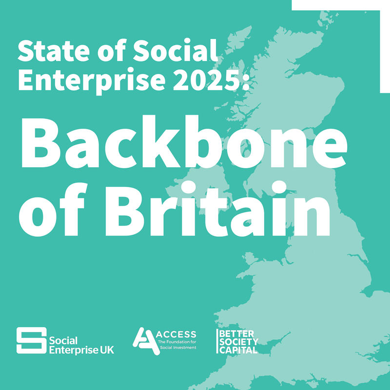A turquise background with white text saying State of Social Enterprise 2025 Backbone of Britain. There is a silouette of the UK behind the text
