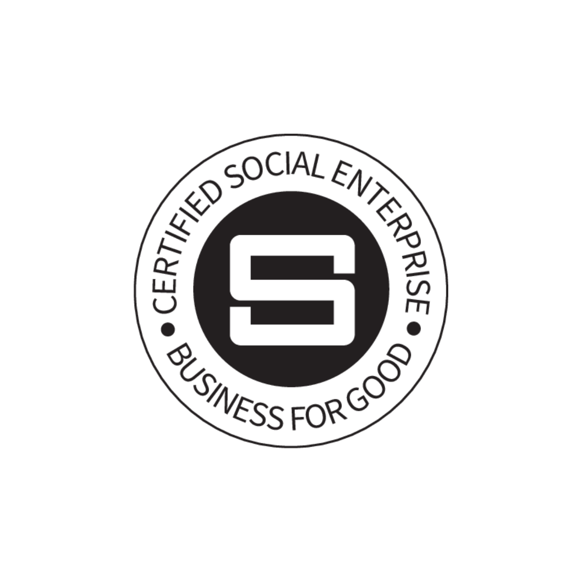 our membership badge. A white s in a roundal with black copy around it saying certified social enterprise business for good