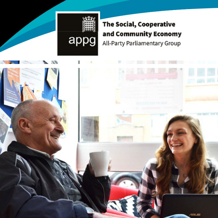 front cover of APPG report June 2026 - a man holding a cup of tea smiling talking to a women also smiling