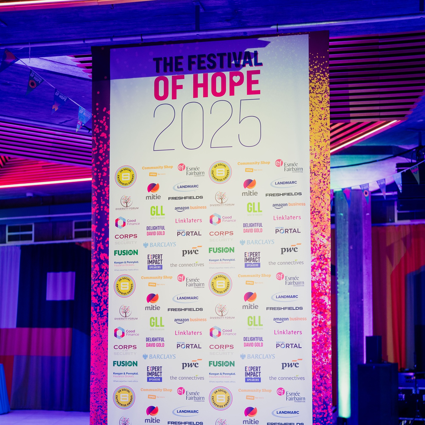 a large banner featuring the logos of the sponsos of the social enterprise awards 2025