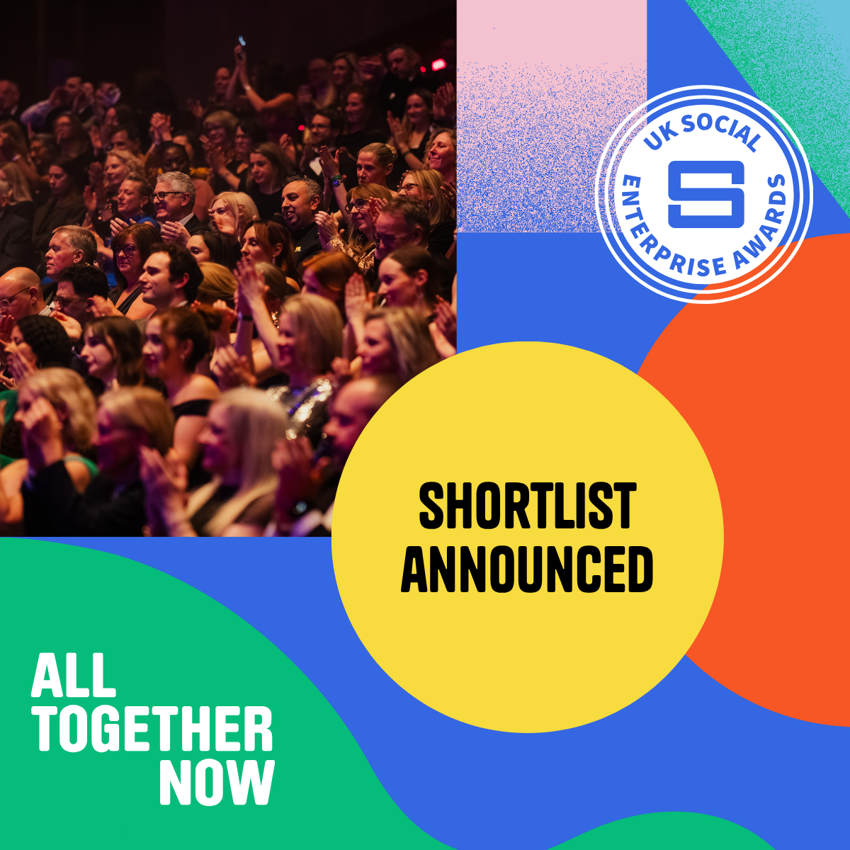 A colourful square featuring geometric shapes in yellow, green and blue alongside a picture of people at the awards celebrating