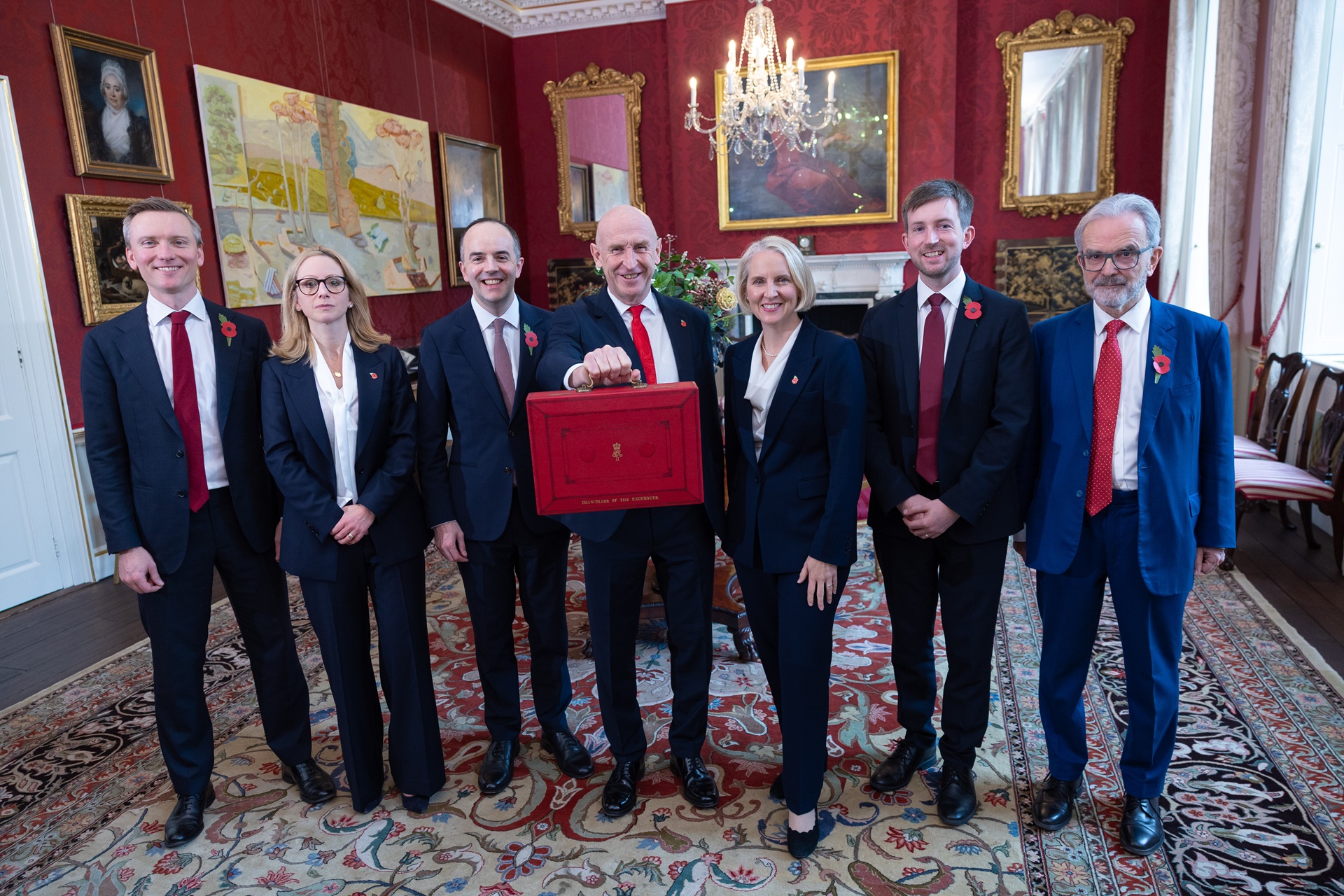 Chancellor John Healey holding up the Budget red box with members of the Treasury Team either side of him. Picture by Simon Walker / HM Treasury